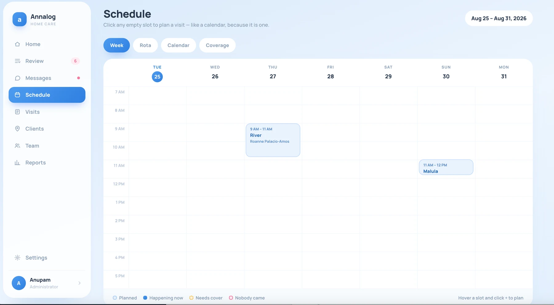 The week schedule grid, Tuesday to Monday, with two planned visits placed on it